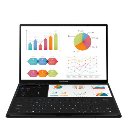 Asus 14-inch laptop with 32GB RAM, 1TB SSD, Qwerty Spanish keyboard, shown from a side angle in the image.