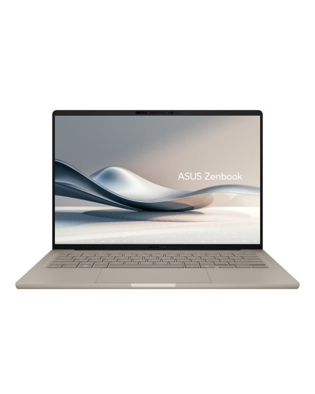 Asus 14-inch laptop with 32GB RAM, 1TB SSD, QWERTY Spanish keyboard, showing the open laptop with keyboard and screen visible.
