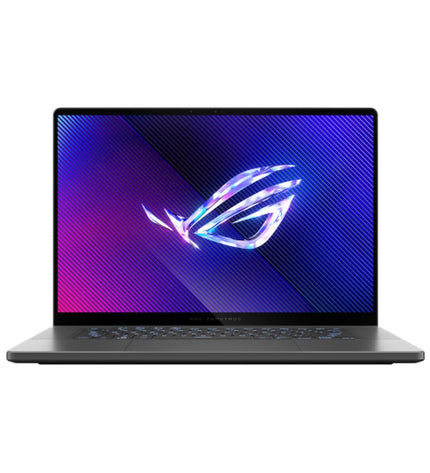 Asus 16-inch laptop with QWERTY Spanish keyboard, 64GB RAM, 2TB SSD, shown from a side angle with open screen and keyboard visible.