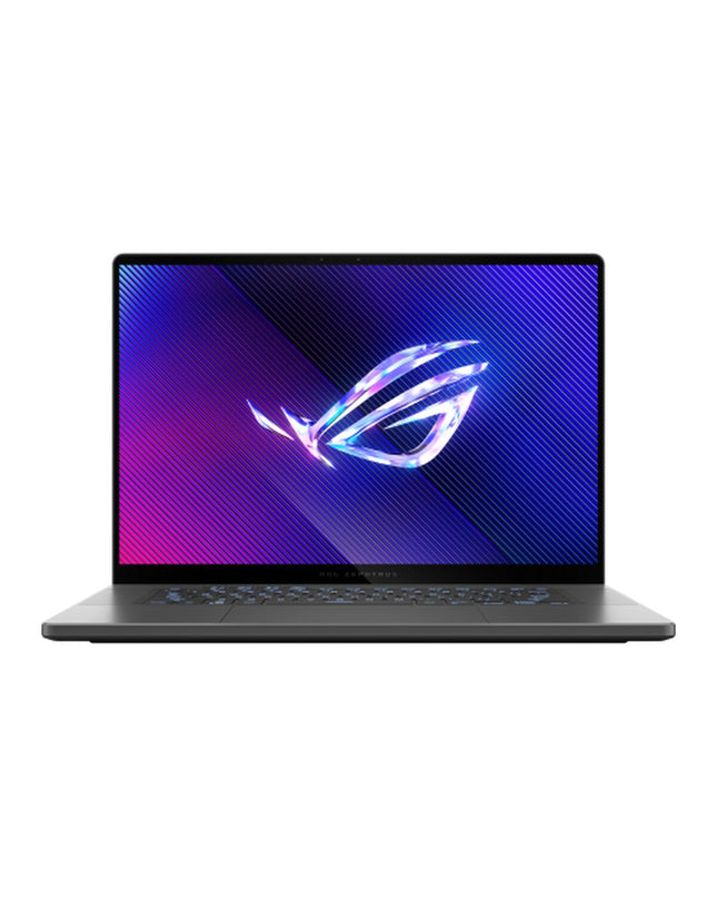 Asus 16-inch laptop with QWERTY Spanish keyboard, 64GB RAM, 2TB SSD, shown from a side angle with open screen and keyboard visible.