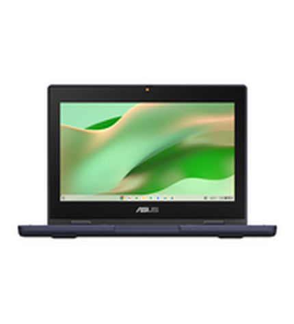 Asus 11.6-inch laptop with 8GB RAM and 64GB storage, shown in a sleek design with a close-up of the screen and keyboard.