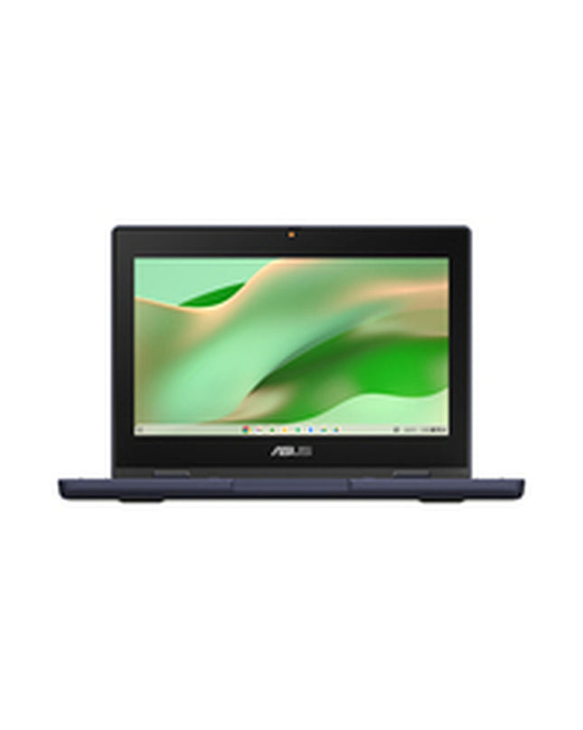 Asus 11.6-inch laptop with 8GB RAM and 64GB storage, shown in a sleek design with a close-up of the screen and keyboard.