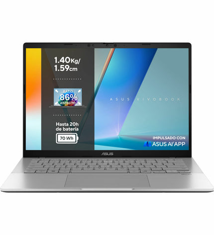 Asus VivoBook S14 laptop with 14-inch display, sleek design, keyboard, and visible ports, featuring Intel Core Ultra 5 and 16GB RAM.