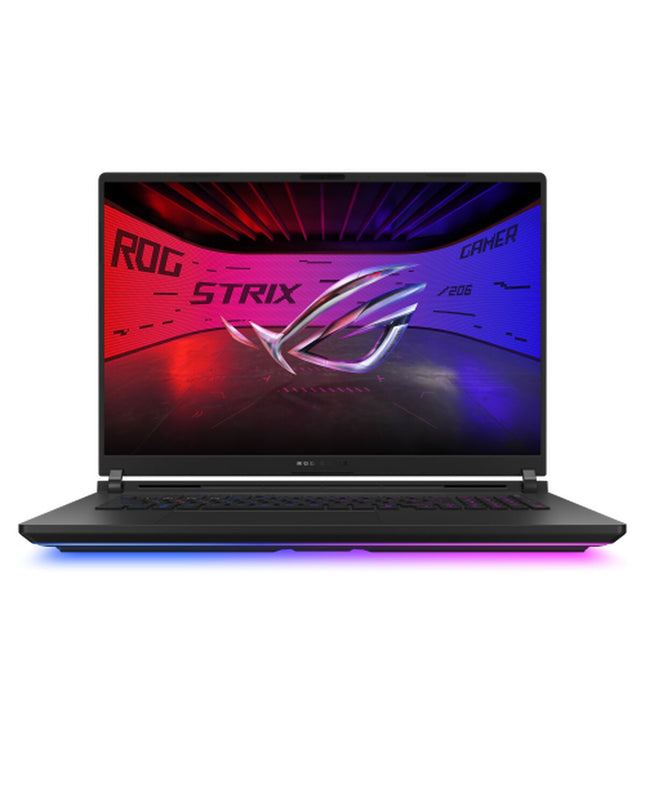 Asus 18-inch laptop with 64GB RAM, 4TB SSD, and RTX 5080 graphics, shown with sleek black design and keyboard.
