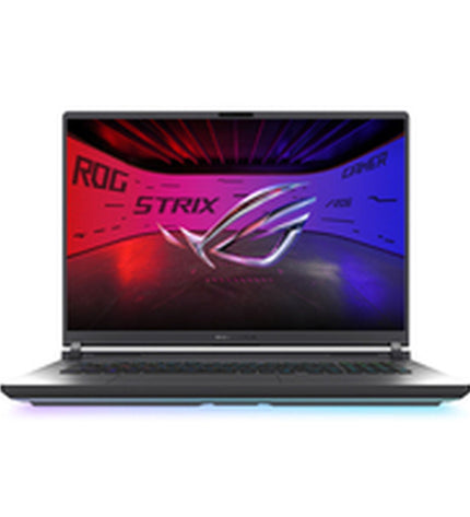 Asus 18-inch laptop with 32GB RAM, 1TB SSD, RTX 5080 graphics card, showing the sleek design and keyboard.