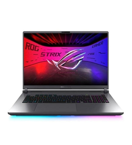 Asus 18-inch laptop with 32GB RAM, 1TB SSD, and RTX 5080 graphics card, shown with keyboard and screen display.
