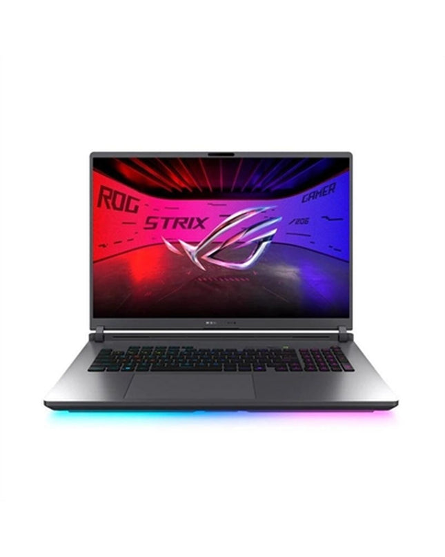Asus 18-inch laptop with 32GB RAM, 1TB SSD, and RTX 5080 graphics card, shown with keyboard and screen display.