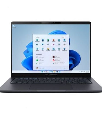 Asus 14-inch laptop with Intel Core Ultra 7, 16GB RAM, and 512GB SSD, shown from a front angle with keyboard and screen visible.