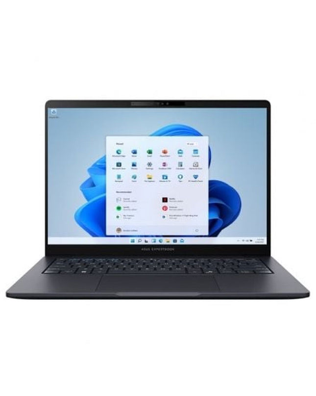 Asus 14-inch laptop with Intel Core Ultra 7, 16GB RAM, and 512GB SSD, shown from a front angle with keyboard and screen visible.