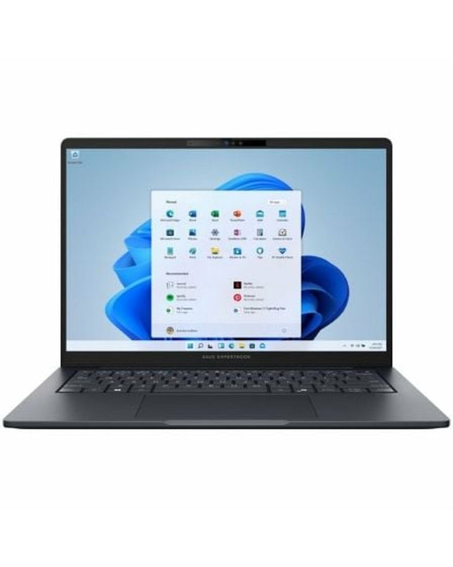 Asus ExpertBook B5 laptop with 14-inch display, Intel Core Ultra 7, 32GB RAM, and 1TB SSD on a clean workspace.