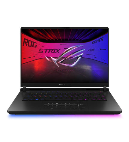 Asus 16-inch gaming laptop with RTX 5080, 64GB RAM, 1TB and 2TB SSD storage, sleek black design with keyboard and display