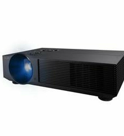 Asus H1 LED projector showing a bright full HD image with 3000 lumens, compact electronic device for home theater setup.