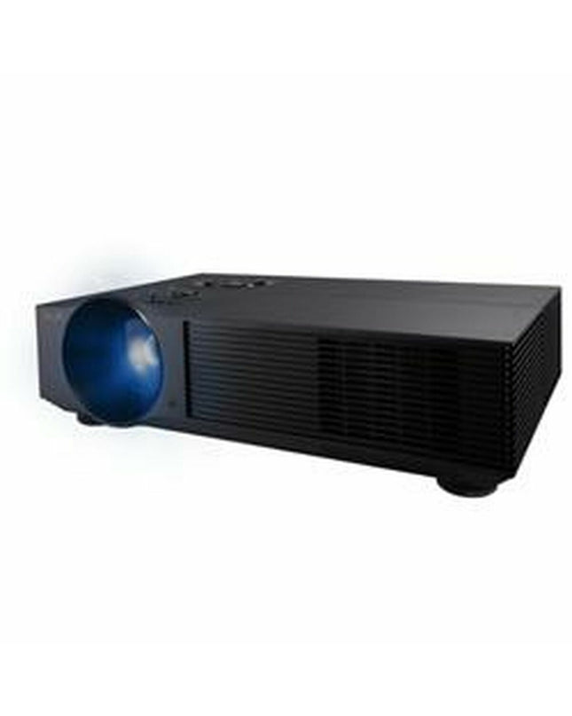 Asus H1 LED projector showing a bright full HD image with 3000 lumens, compact electronic device for home theater setup.