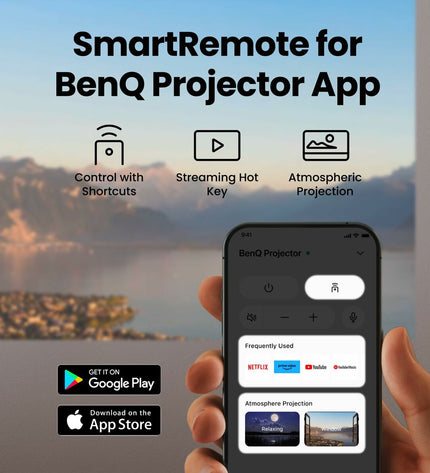 BenQ Full HD projector for home theater and electronics, showing front view with lens and control buttons.