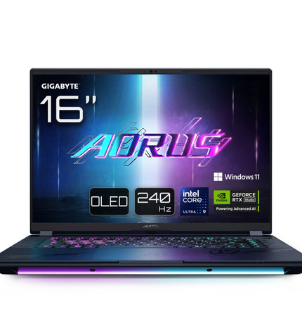 Gigabyte 16-inch laptop with 32GB RAM and 1TB SSD, displaying sleek design and high-performance features.