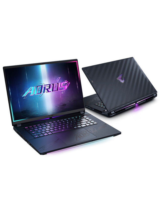 Gigabyte 16-inch laptop with 32GB RAM and 1TB SSD, shown with sleek design and full keyboard layout.