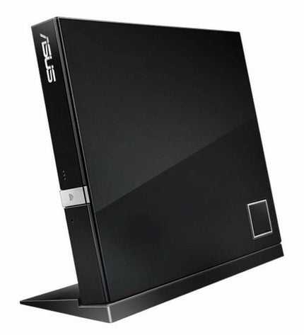 Asus SBW-06D2X-U external Blu-ray recorder connected to a computer, showcasing its sleek design and port options.