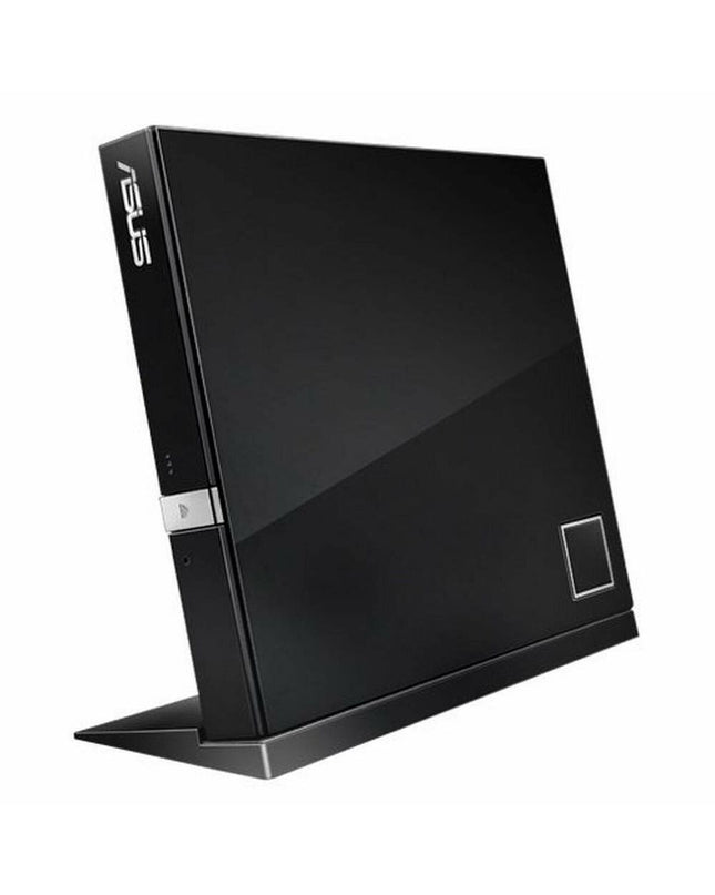 Asus SBW-06D2X-U external Blu-ray recorder connected to a computer, showcasing its sleek design and port options.
