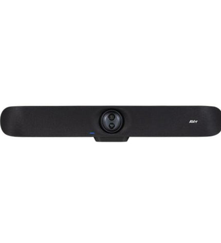 AVer VB350 Pro black soundbar for home audio and hi-fi setup, featuring sleek design and multiple audio output options.