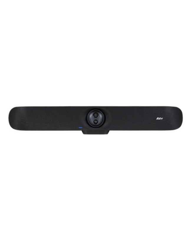 AVer VB350 Pro black soundbar for home audio and hi-fi setup, featuring sleek design and multiple audio output options.