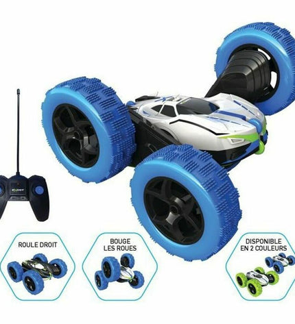 Exost remote-controlled police car toy with blue and white paint, detailed police markings, and black wheels.