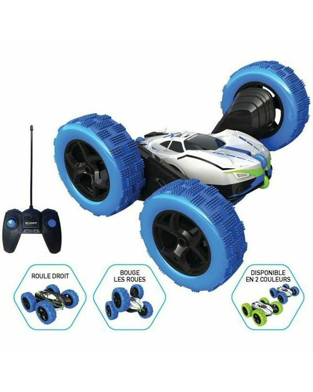 Exost remote-controlled police car toy with blue and white paint, detailed police markings, and black wheels.