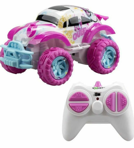 Pink remote control police car toy from Exost, designed for children, with detailed police vehicle features and vibrant color.