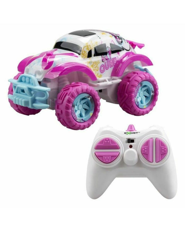 Pink remote control police car toy from Exost, designed for children, with detailed police vehicle features and vibrant color.