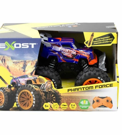 Orange remote-controlled police car toy from Exost Phantom Force, designed for children, with detailed features and vibrant color.