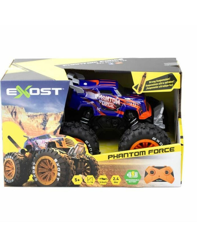 Orange remote-controlled police car toy from Exost Phantom Force, designed for children, with detailed features and vibrant color.