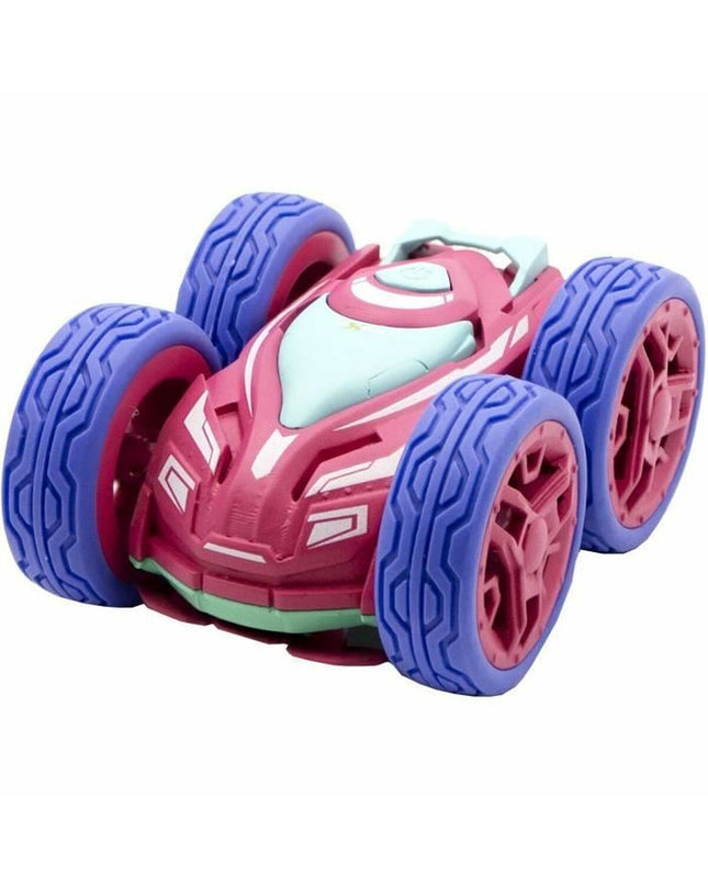 Pink Exost remote control police car toy with mini flip function, designed for children, in a playful and colorful style.