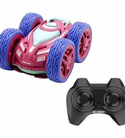 Pink Exost remote control police car toy, mini flip amazone vehicle, colorful and detailed for children’s play.