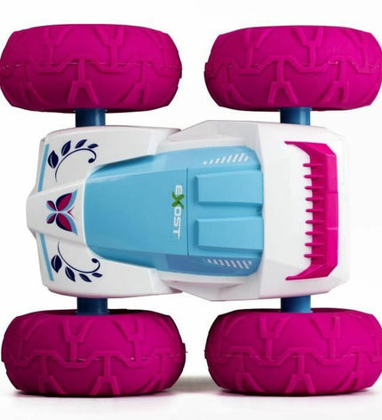 Exost remote control police car toy in white and pink, detailed with police markings, suitable for children.