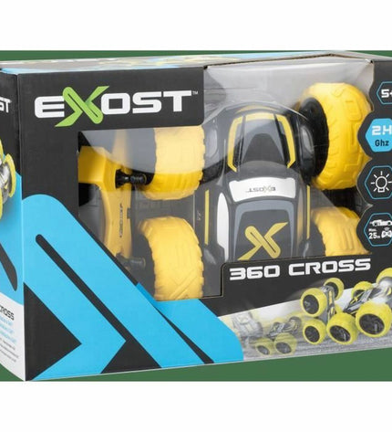 Yellow remote-controlled police car toy by Exost, featuring detailed design and vibrant color for kids' play and entertainment.