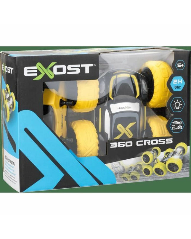Yellow remote-controlled police car toy by Exost, featuring detailed design and vibrant color for kids' play and entertainment.