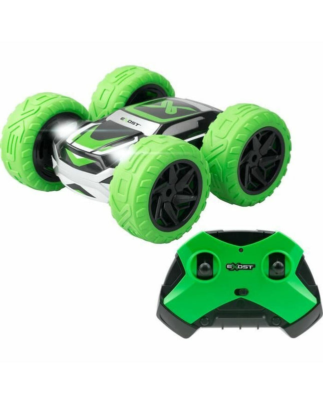 Green and yellow Exost remote control police car toy, detailed with realistic police vehicle features, designed for children.