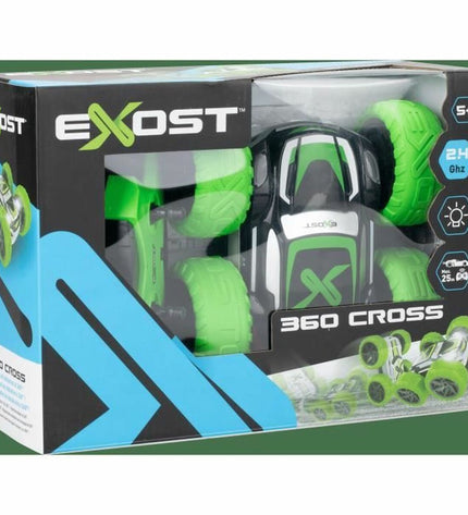 Green and yellow remote control police car toy from Exost, designed for children, with detailed wheels and police decals.
