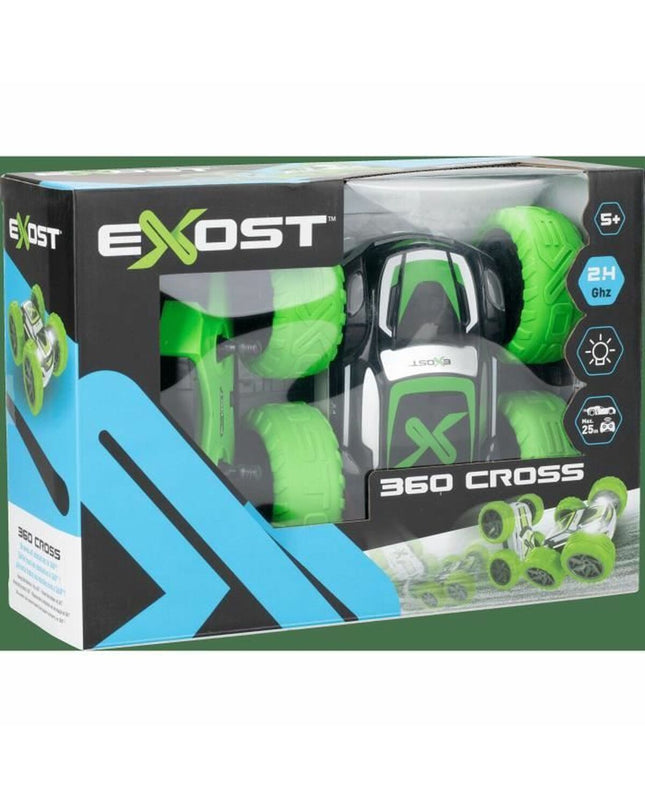 Green and yellow remote control police car toy from Exost, designed for children, with detailed wheels and police decals.