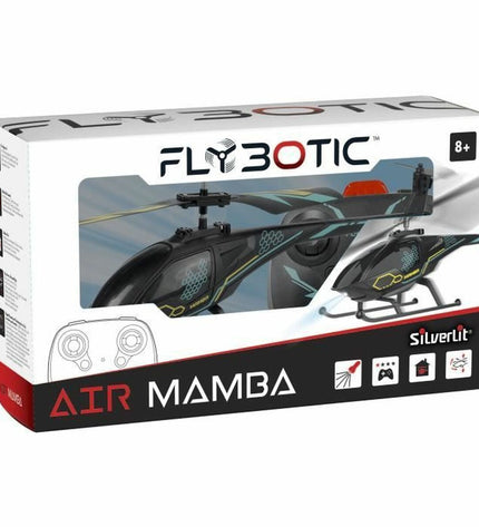 Flybotic remote control police car in black and blue, toy vehicle for play and fun, detailed with police markings and design.