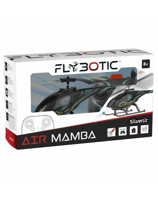 Flybotic remote control police car in black and blue, toy vehicle for play and fun, detailed with police markings and design.