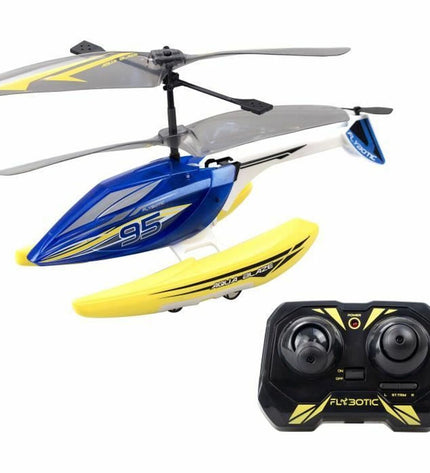 Flybotic Politiewagen op afstandsbediening Helico Aqua Blaze geel, speelgoed voertuig met blauwe details, in actie op vloer