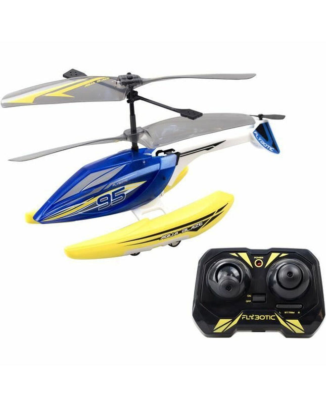 Flybotic Politiewagen op afstandsbediening Helico Aqua Blaze geel, speelgoed voertuig met blauwe details, in actie op vloer
