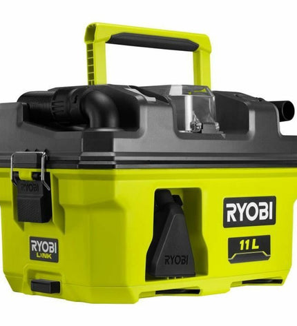Ryobi 18V vacuum cleaner for home cleaning, showing a compact, cordless vacuum with a dustbin and ergonomic handle.
