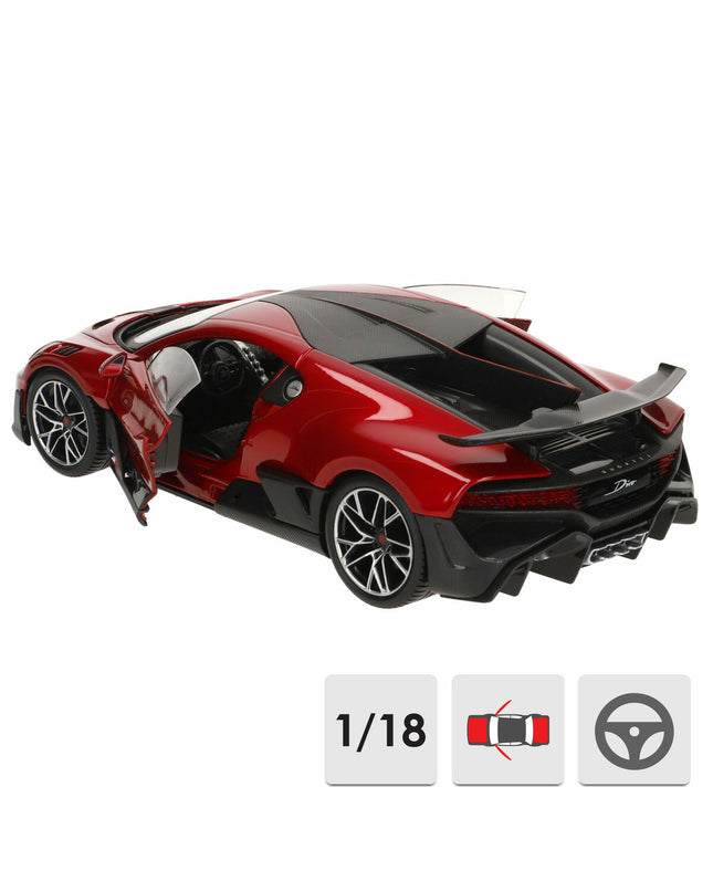 Bburago 1:18 scale Bugatti Divo toy car, detailed miniature vehicle for play and display in vibrant colors.