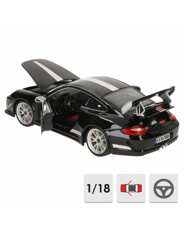 Bburago Porsche GT3 RS 4.0 1:18 scale toy car, detailed miniature vehicle in orange with black accents, on a plain background.
