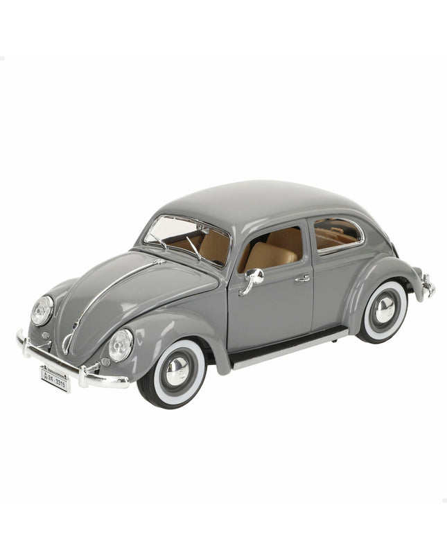 Bburago 1:18 scale Volkswagen Kafer Beetle (1955) toy car, detailed model in yellow with black accents, front view.