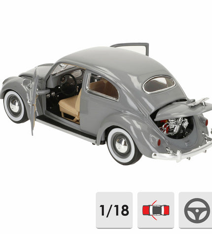 Bburago 1:18 scale Volkswagen Beetle (1955) toy car displayed from an angle, showcasing its detailed vintage design and vibrant color.