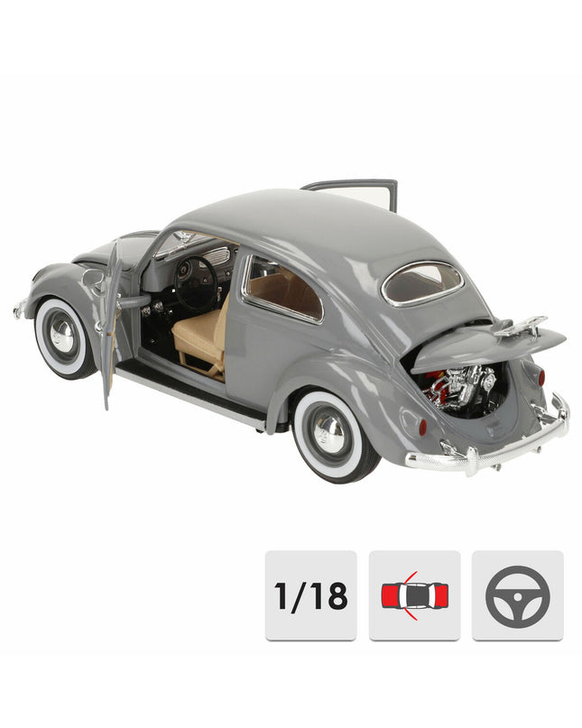 Bburago 1:18 scale Volkswagen Beetle (1955) toy car displayed from an angle, showcasing its detailed vintage design and vibrant color.
