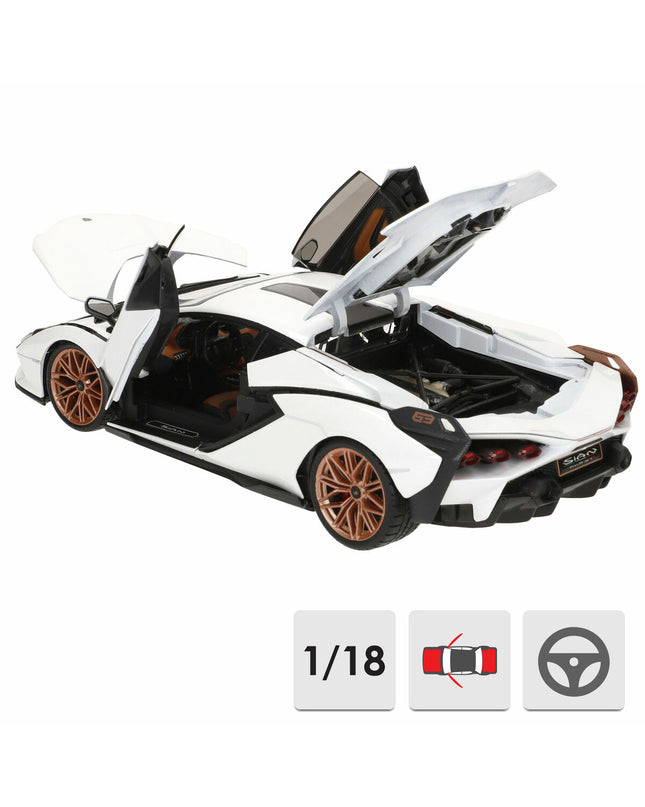 Bburago Lamborghini Sian FKP 37 1:18 scale toy car, detailed model in yellow with realistic design and features.