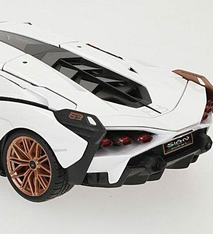 Bburago Lamborghini Sian FKP 37 1:18 scale toy car, detailed model in yellow with black accents, realistic design.
